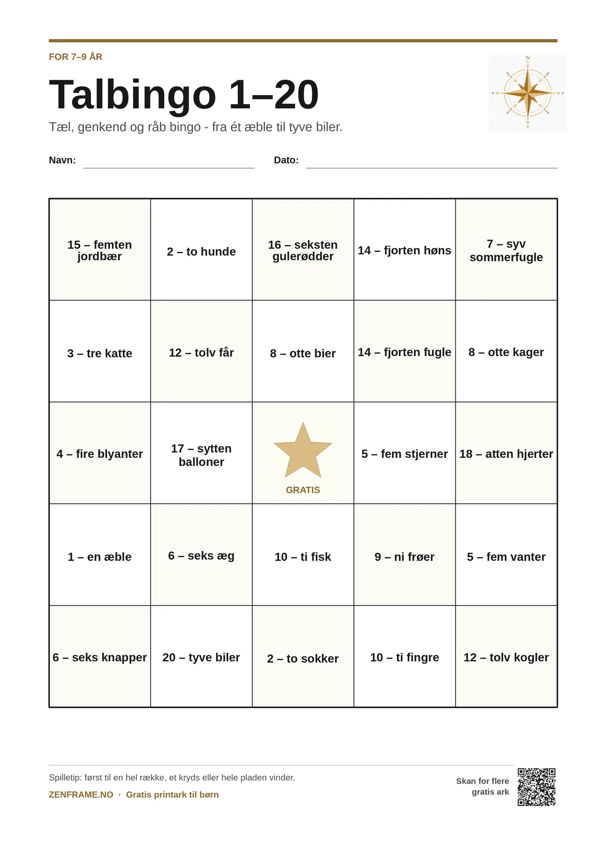 Talbingo 1–20 for børn 7–9 år – gratis printbar A4-plade