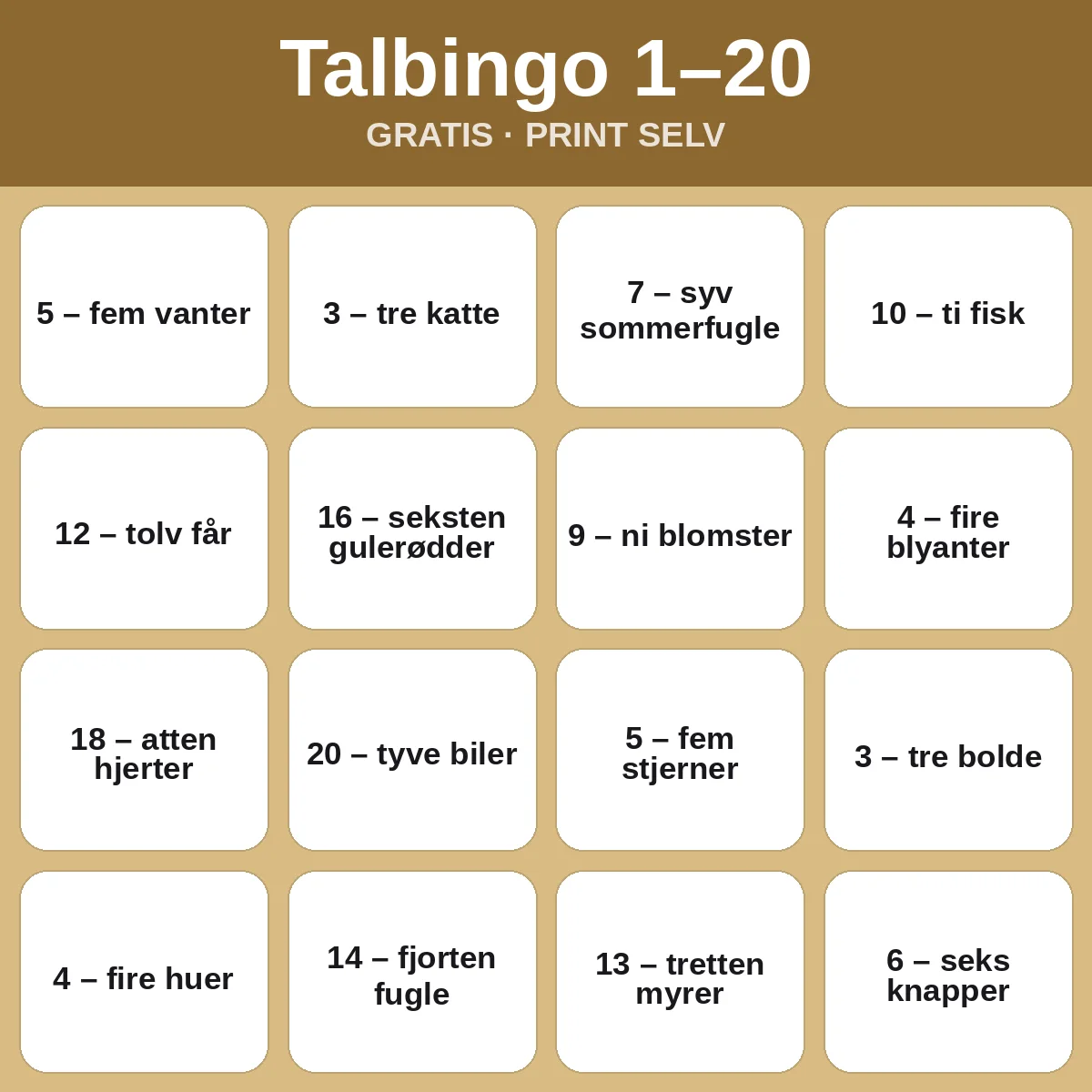 Talbingo 1–20 – gratis bingo til print for børn