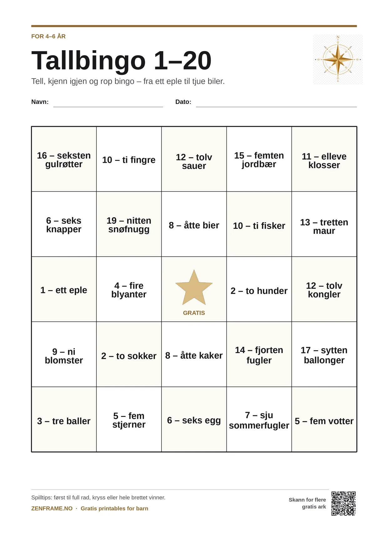 Tallbingo 1–20 for barn 4–6 år – gratis utskrivbart A4-brett