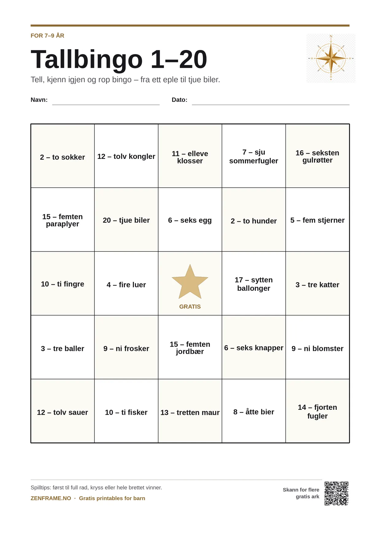 Tallbingo 1–20 for barn 7–9 år – gratis utskrivbart A4-brett