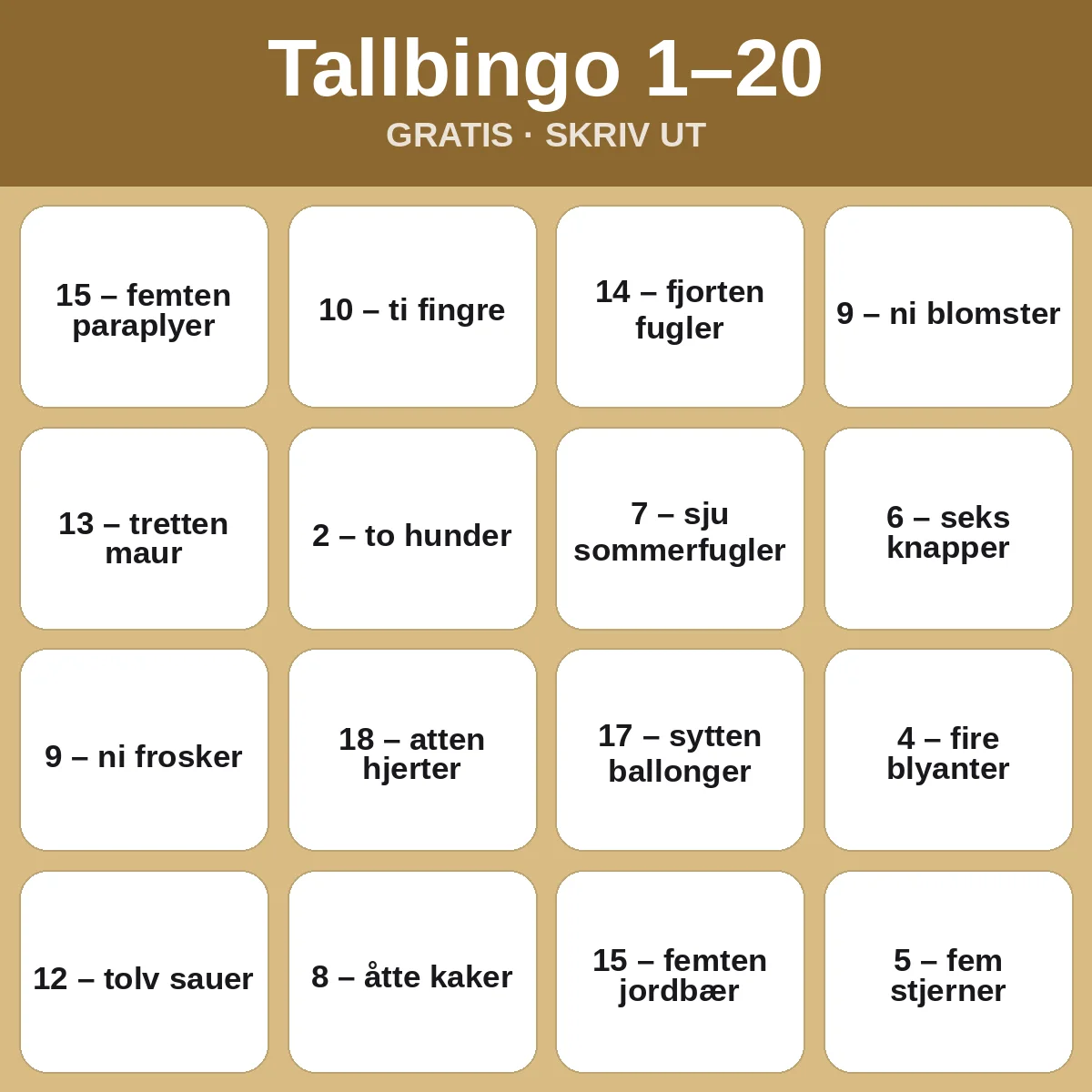 Tallbingo 1–20 – gratis bingo til utskrift for barn