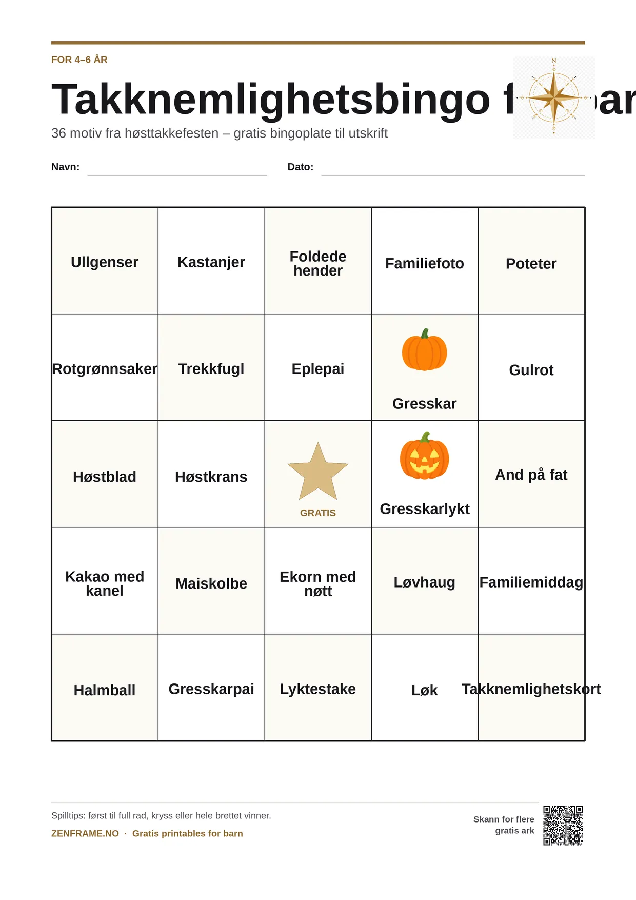 Takknemlighetsbingo for barn 4–6 år – gratis utskrivbart A4-brett