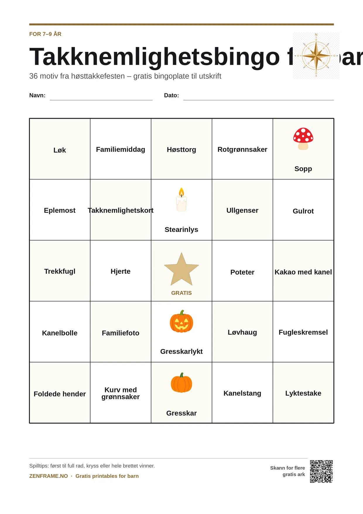 Takknemlighetsbingo for barn 7–9 år – gratis utskrivbart A4-brett