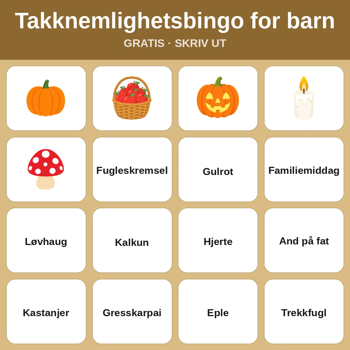 Takknemlighetsbingo for barn – gratis bingo til utskrift for barn