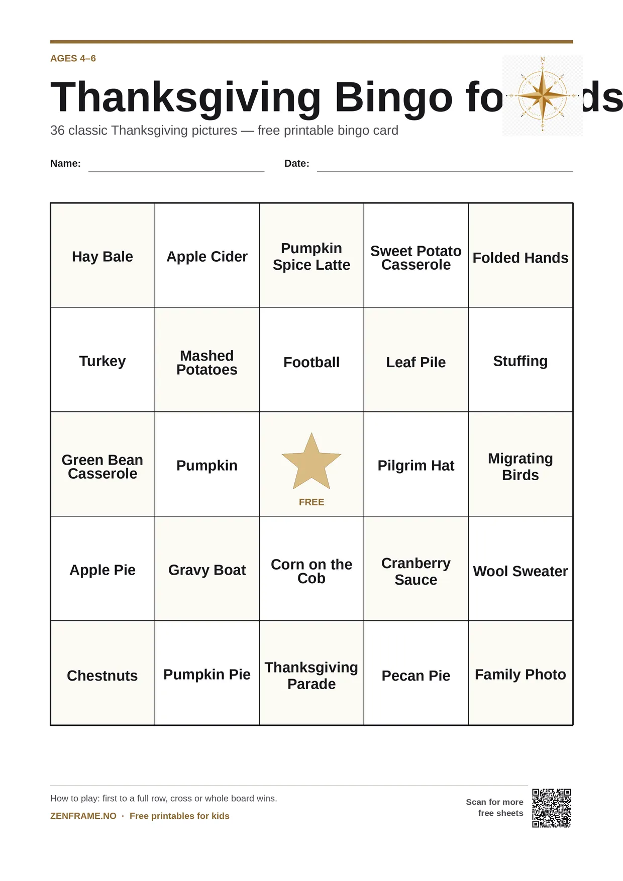 Thanksgiving Bingo for kids ages 4–6 – free printable A4 board