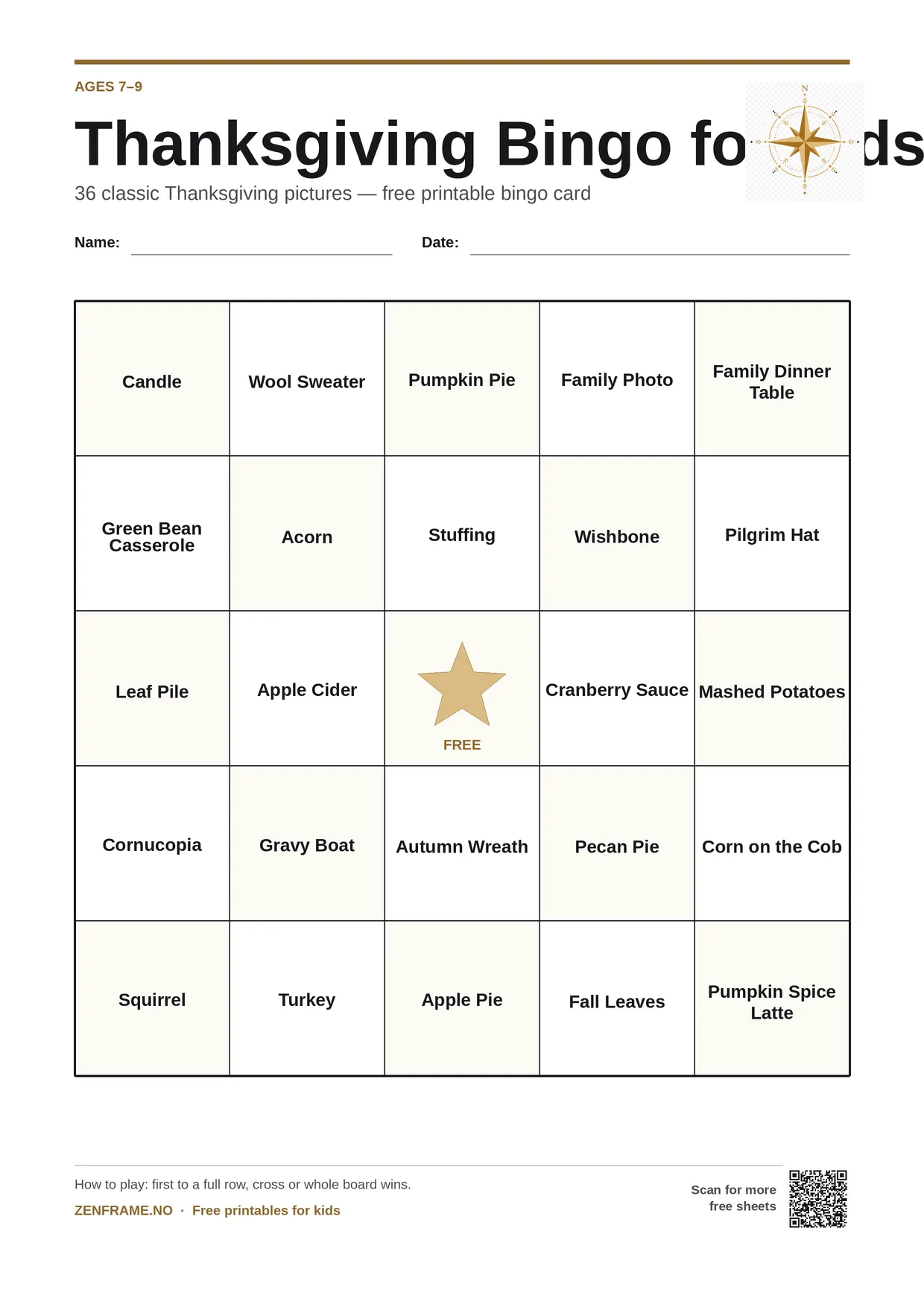 Thanksgiving Bingo for kids ages 7–9 – free printable A4 board