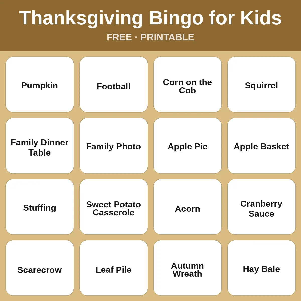 Thanksgiving Bingo for Kids – free printable bingo for kids