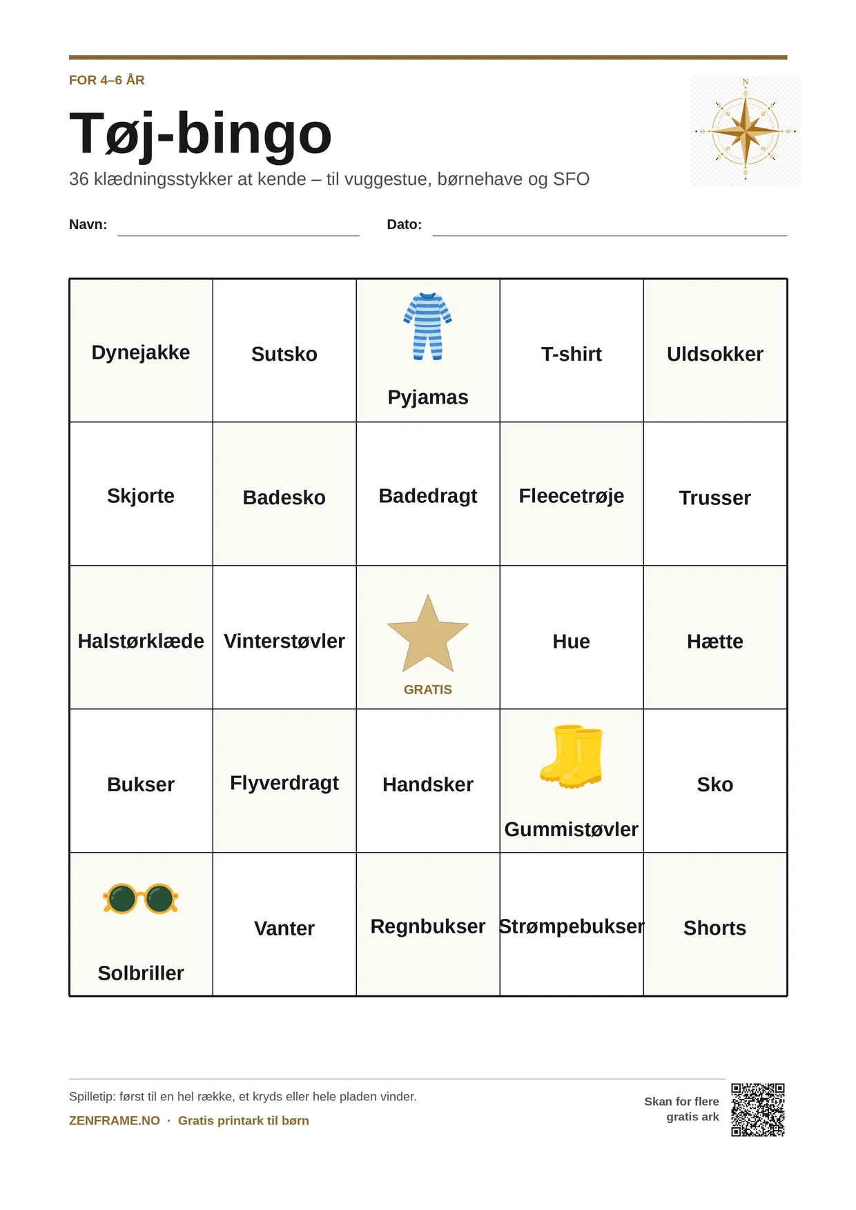 Tøj-bingo for børn 4–6 år – gratis printbar A4-plade