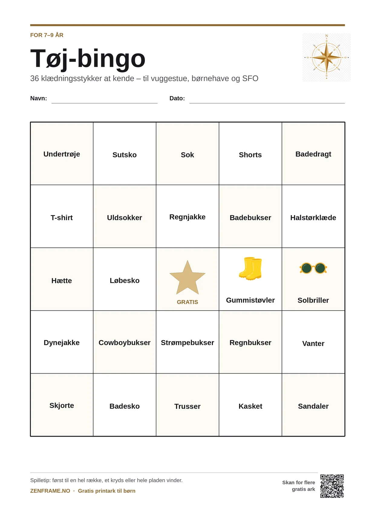 Tøj-bingo for børn 7–9 år – gratis printbar A4-plade