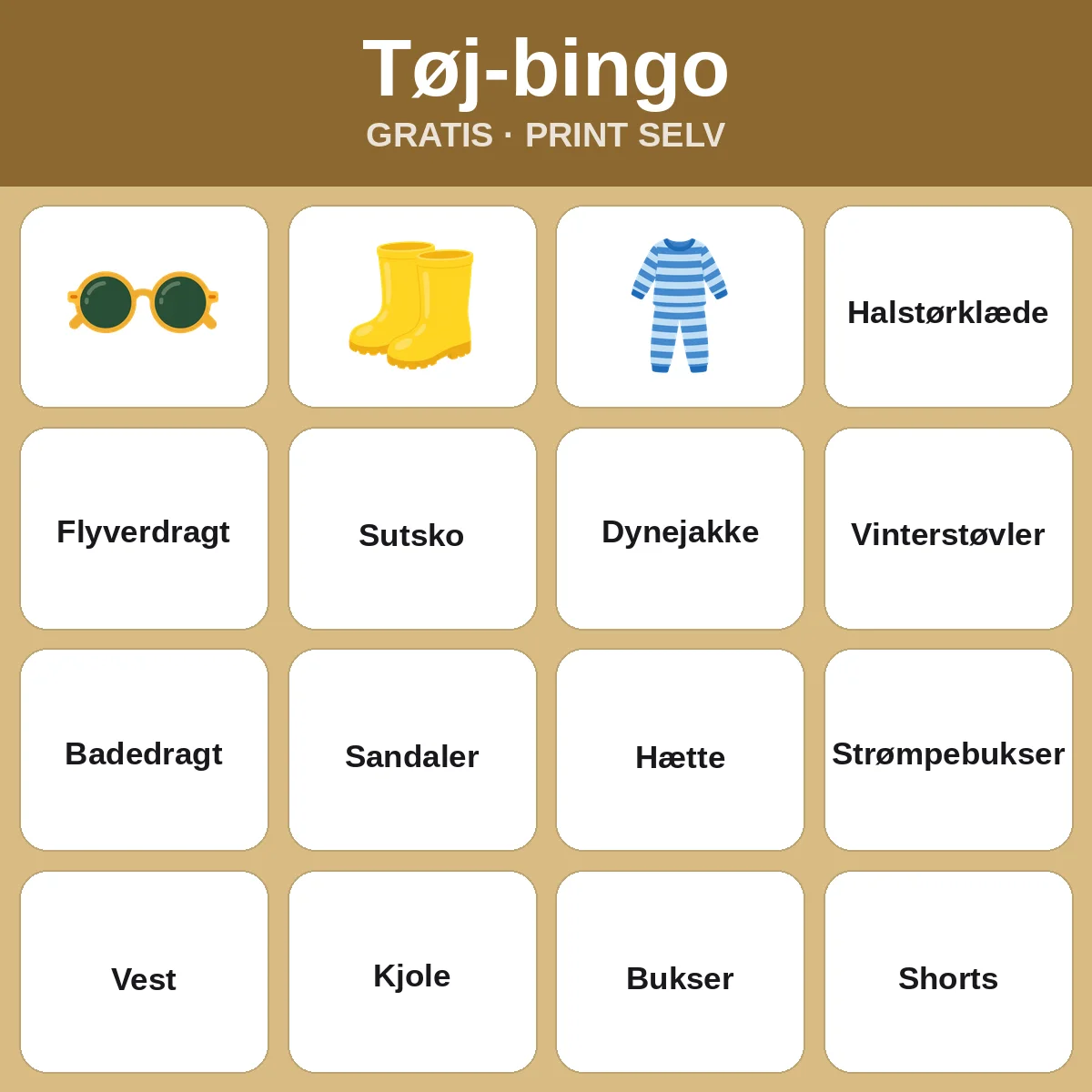 Tøj-bingo – gratis bingo til print for børn