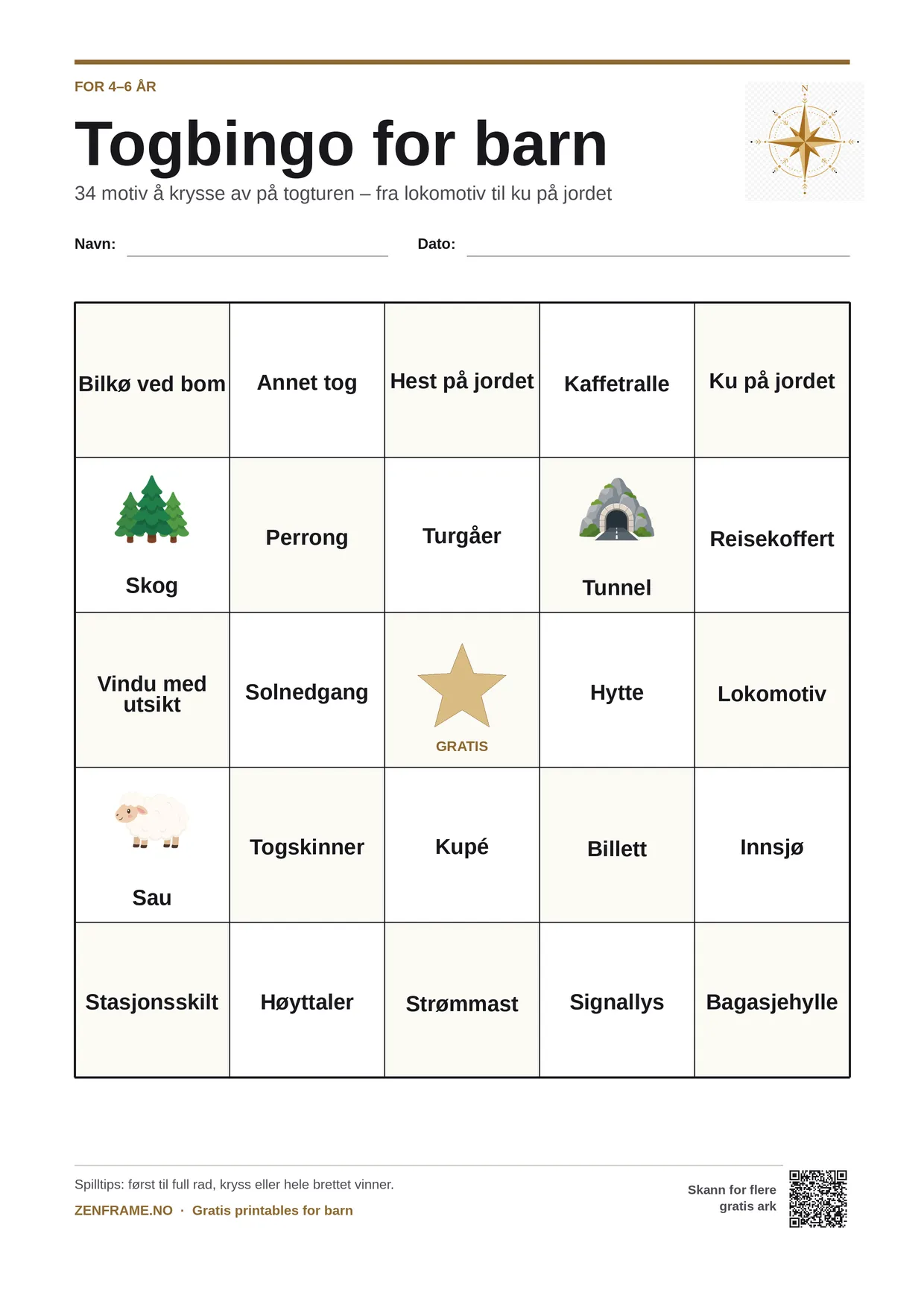 Togbingo for barn 4–6 år – gratis utskrivbart A4-brett