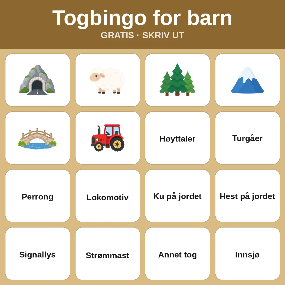 Togbingo for barn – gratis bingo til utskrift for barn