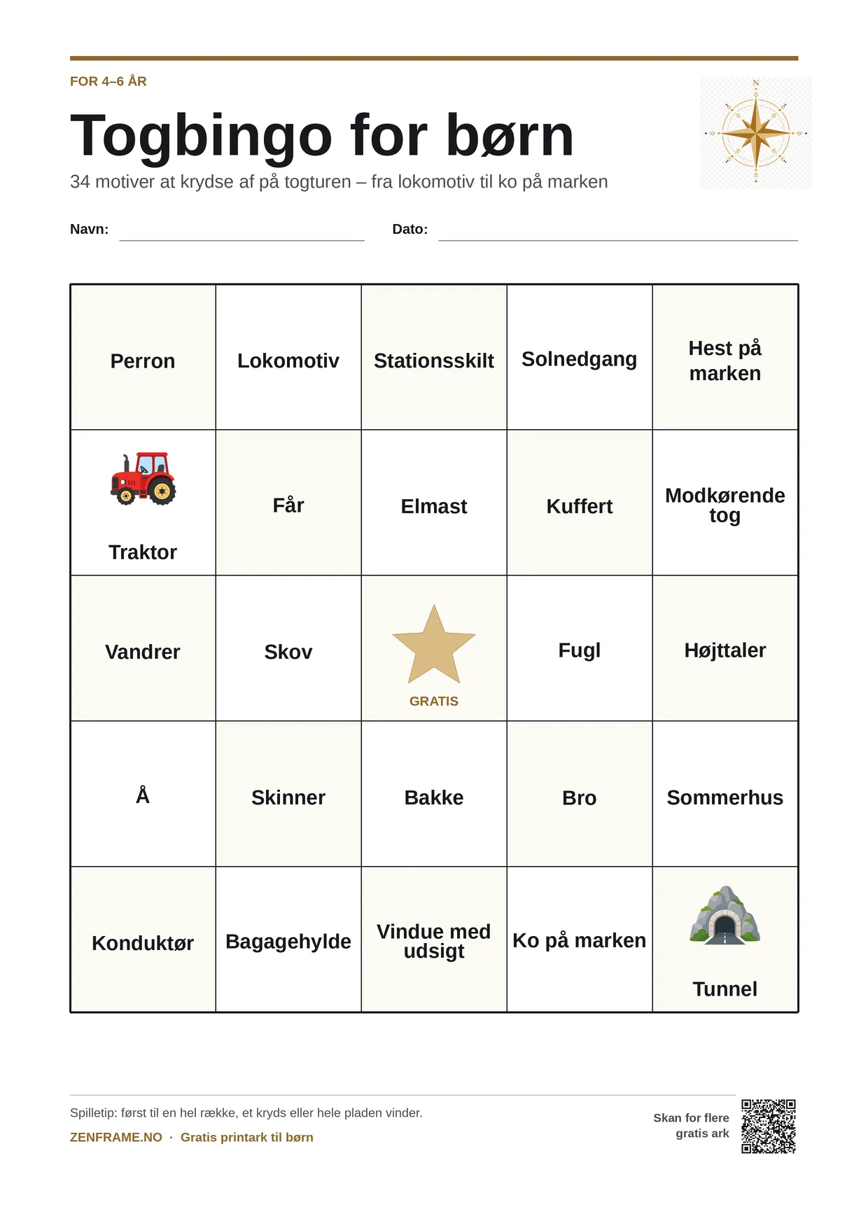 Togbingo for børn 4–6 år – gratis printbar A4-plade