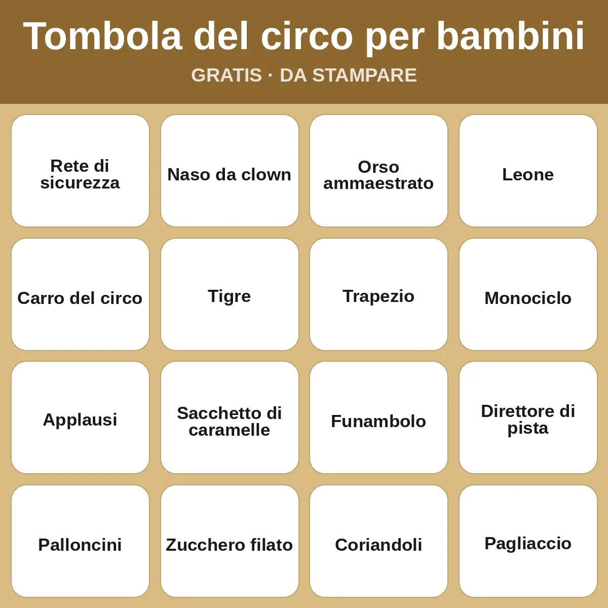 Tombola del circo per bambini – bingo gratis da stampare per bambini