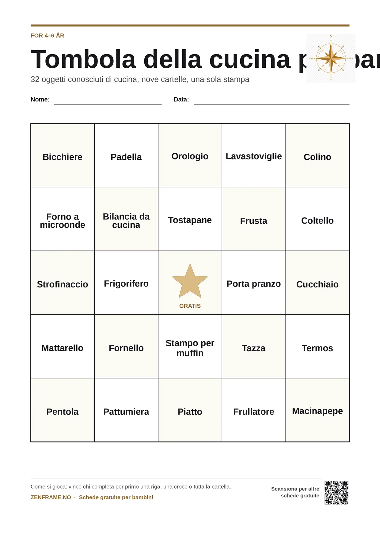 Tombola della cucina per bambini 4–6 anni – cartella A4 gratis da stampare