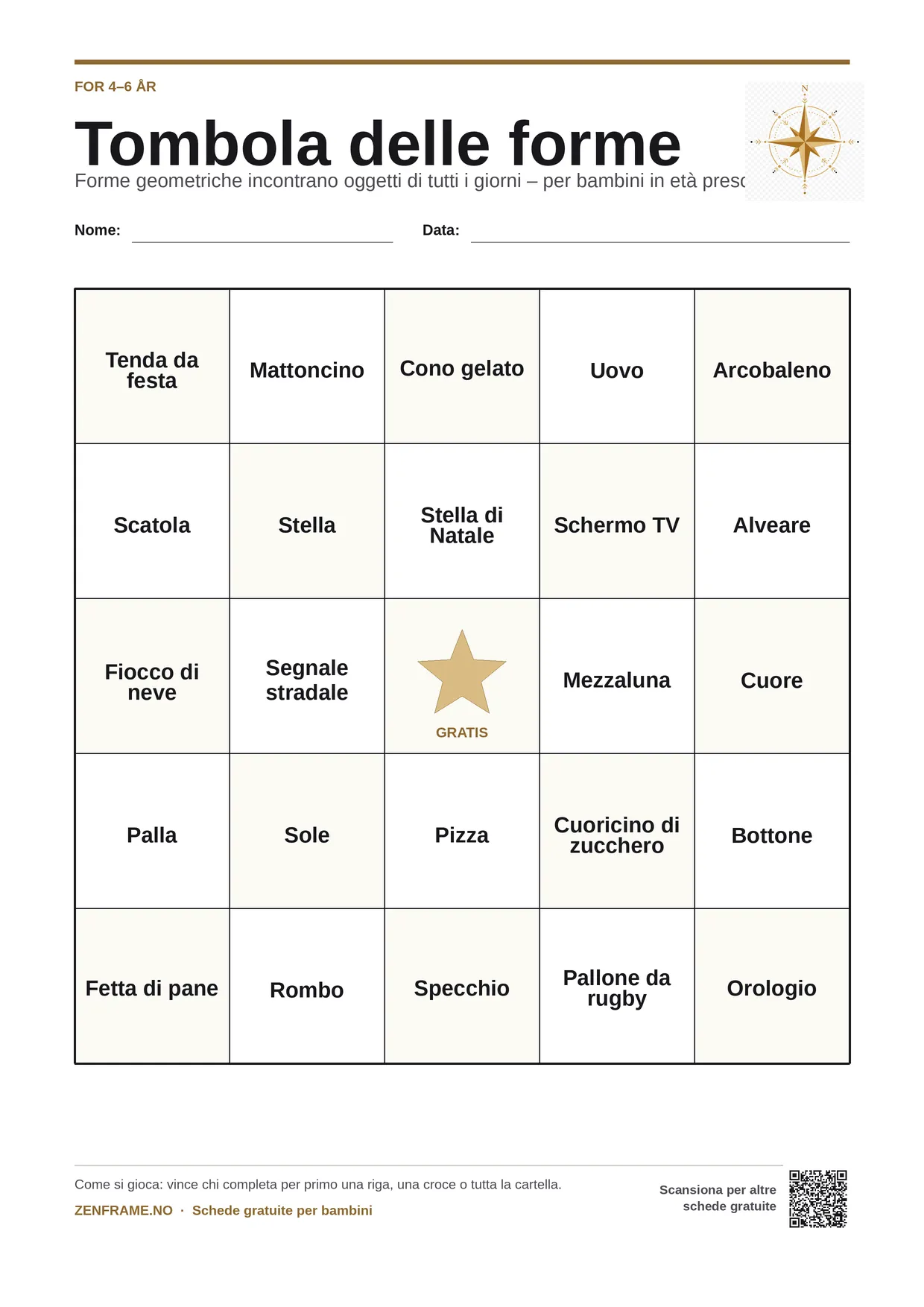 Tombola delle forme per bambini 4–6 anni – cartella A4 gratis da stampare