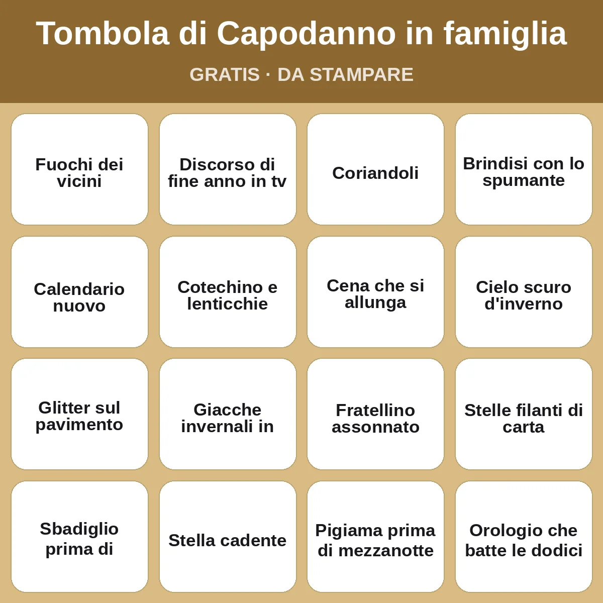 Tombola di Capodanno in famiglia – bingo gratis da stampare per bambini