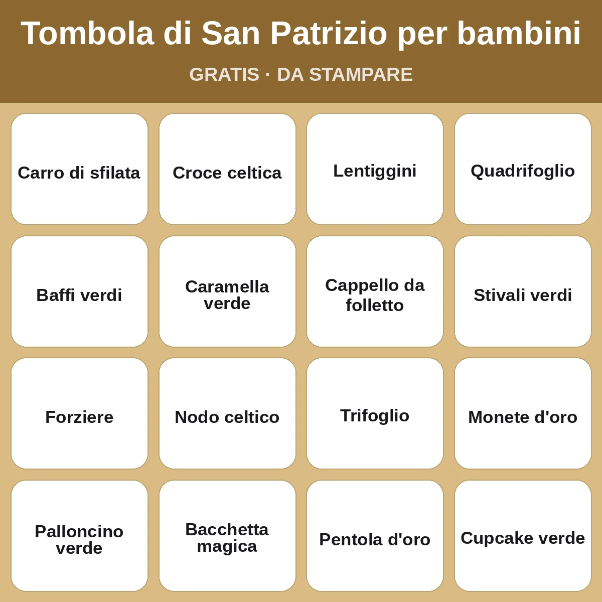Tombola di San Patrizio per bambini – bingo gratis da stampare per bambini
