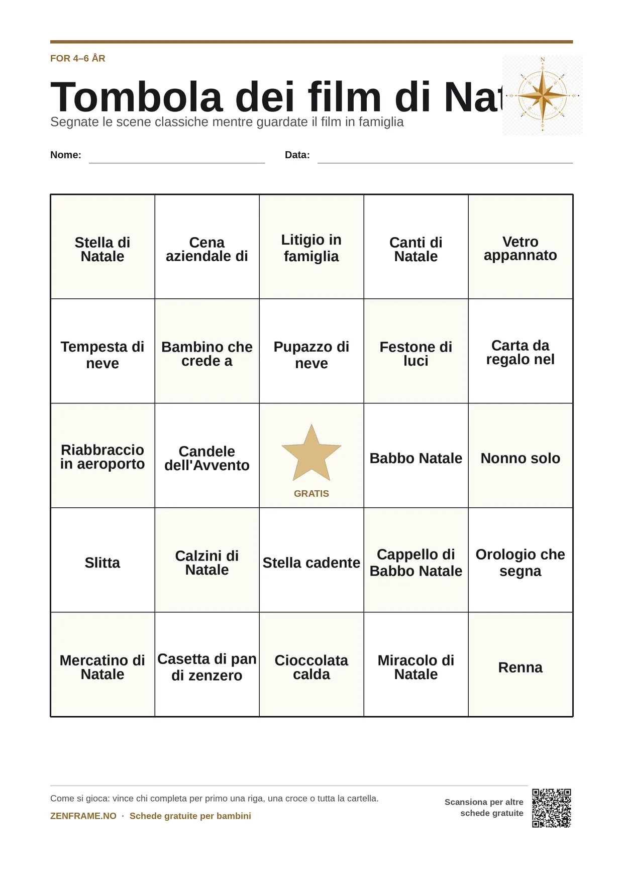 Tombola dei film di Natale per bambini 4–6 anni – cartella A4 gratis da stampare