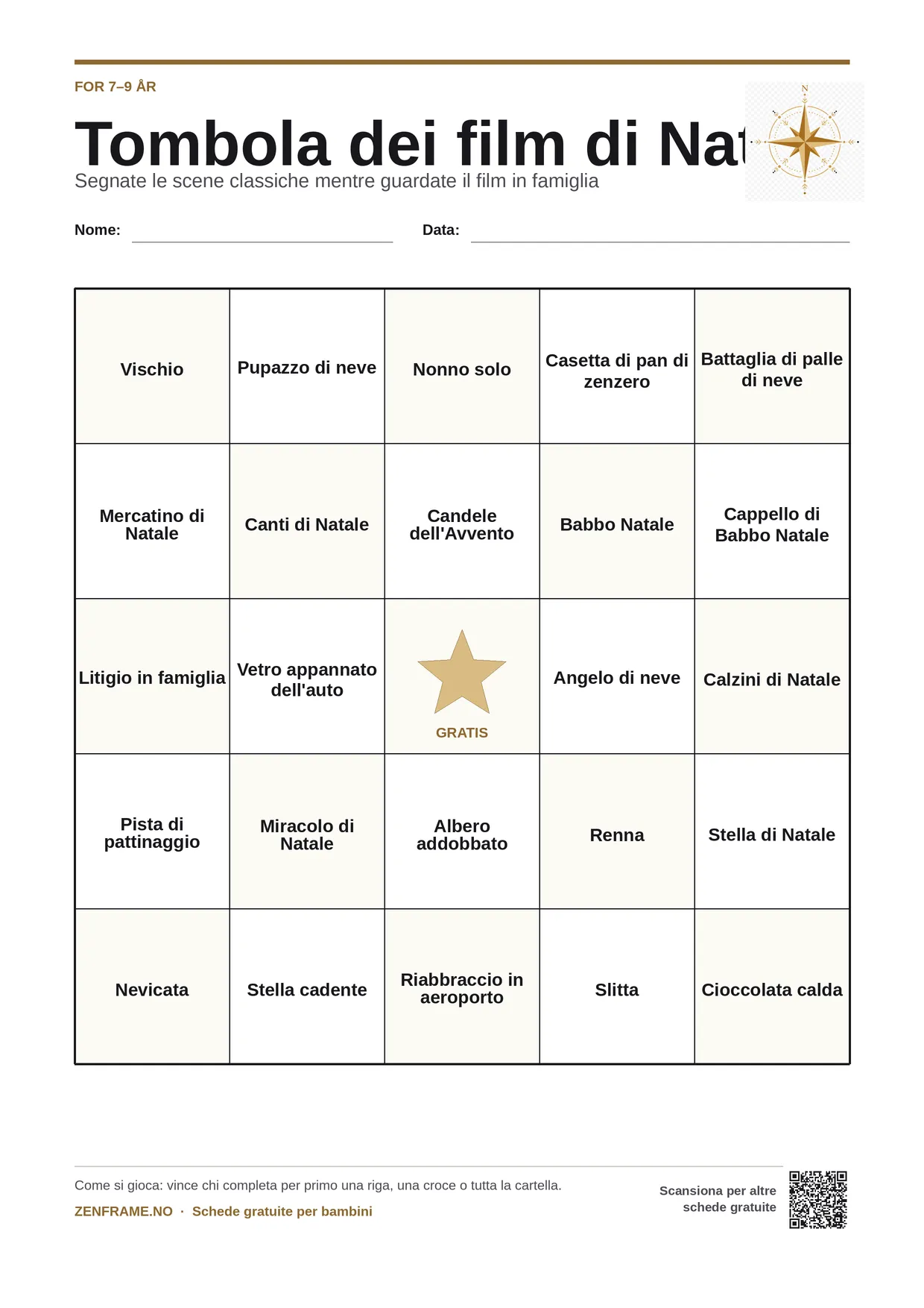 Tombola dei film di Natale per bambini 7–9 anni – cartella A4 gratis da stampare