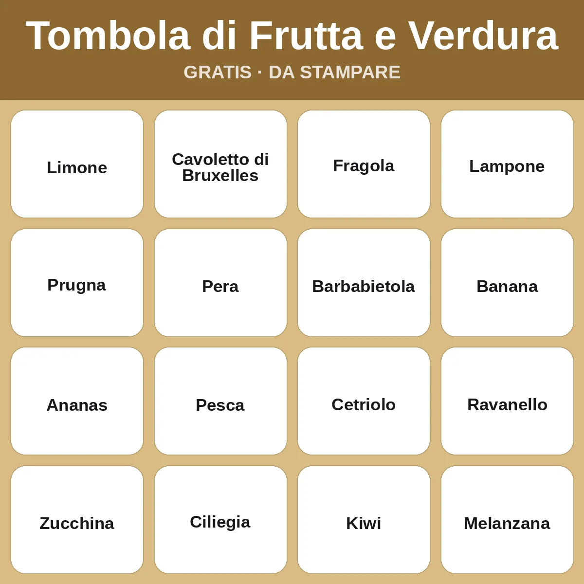 Tombola di Frutta e Verdura – bingo gratis da stampare per bambini