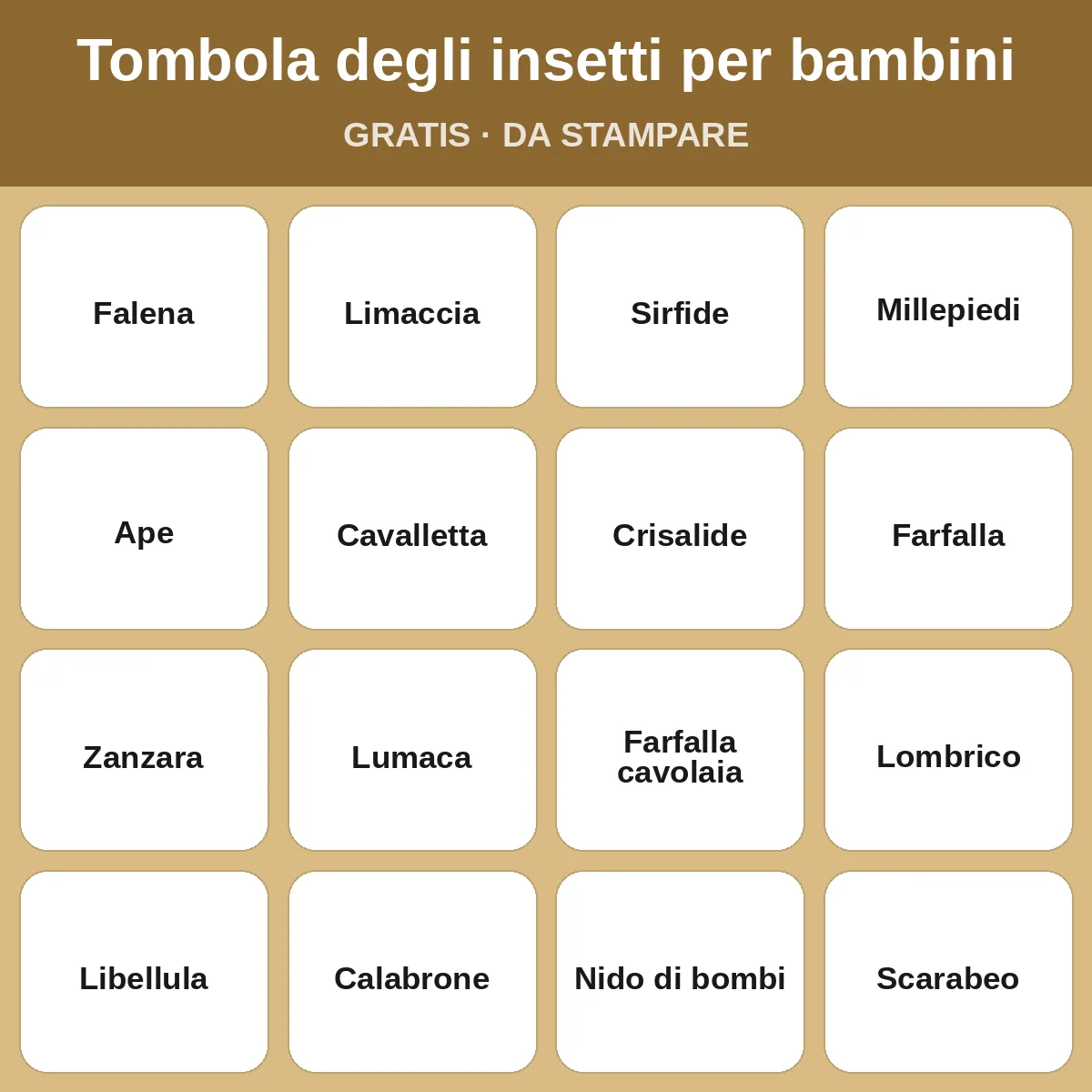 Tombola degli insetti per bambini – bingo gratis da stampare per bambini