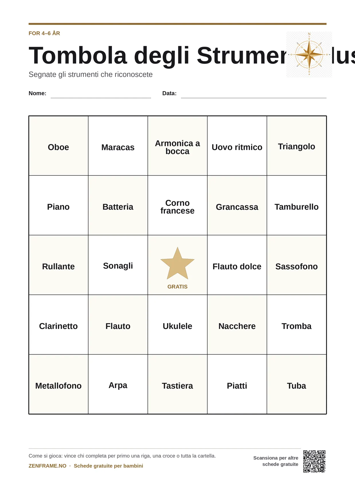 Tombola degli Strumenti Musicali per bambini 4–6 anni – cartella A4 gratis da stampare