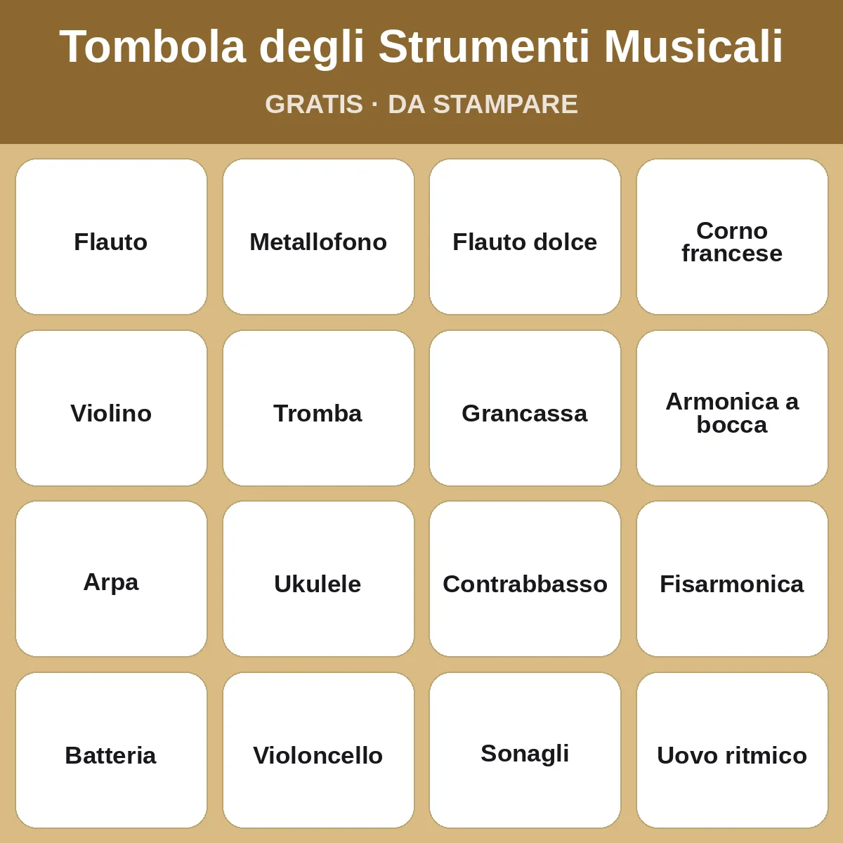 Tombola degli Strumenti Musicali – bingo gratis da stampare per bambini