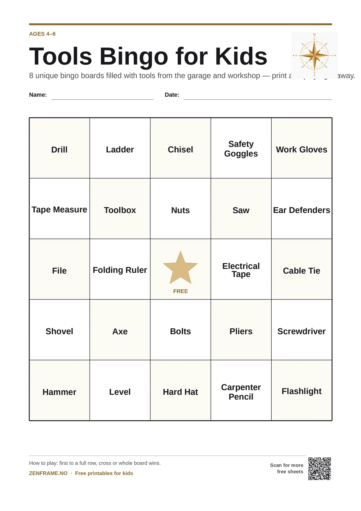 Tools Bingo for kids ages 4–6 – free printable A4 board