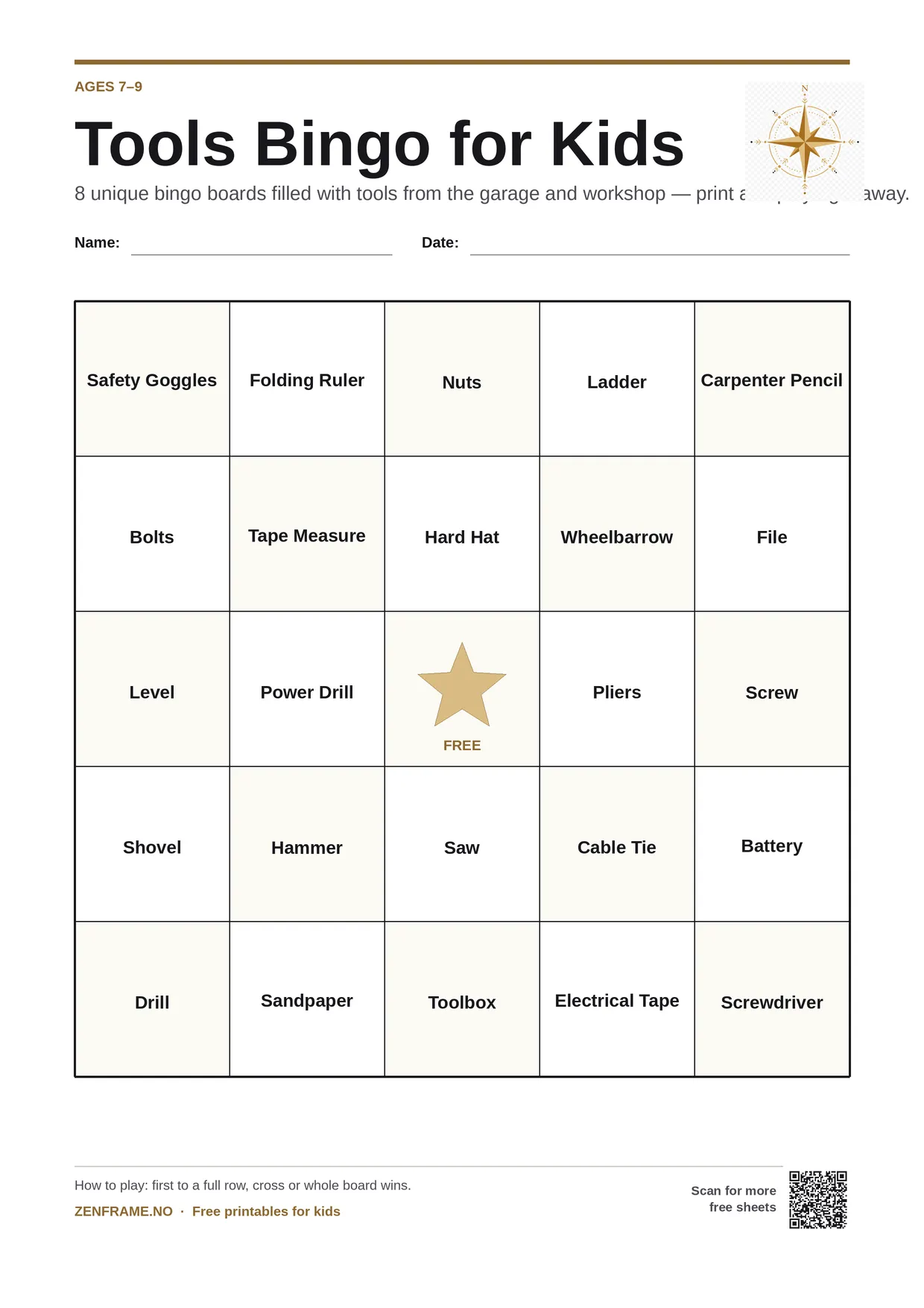 Tools Bingo for kids ages 7–9 – free printable A4 board