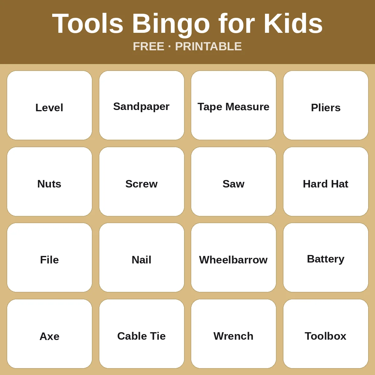 Tools Bingo for Kids – free printable bingo for kids