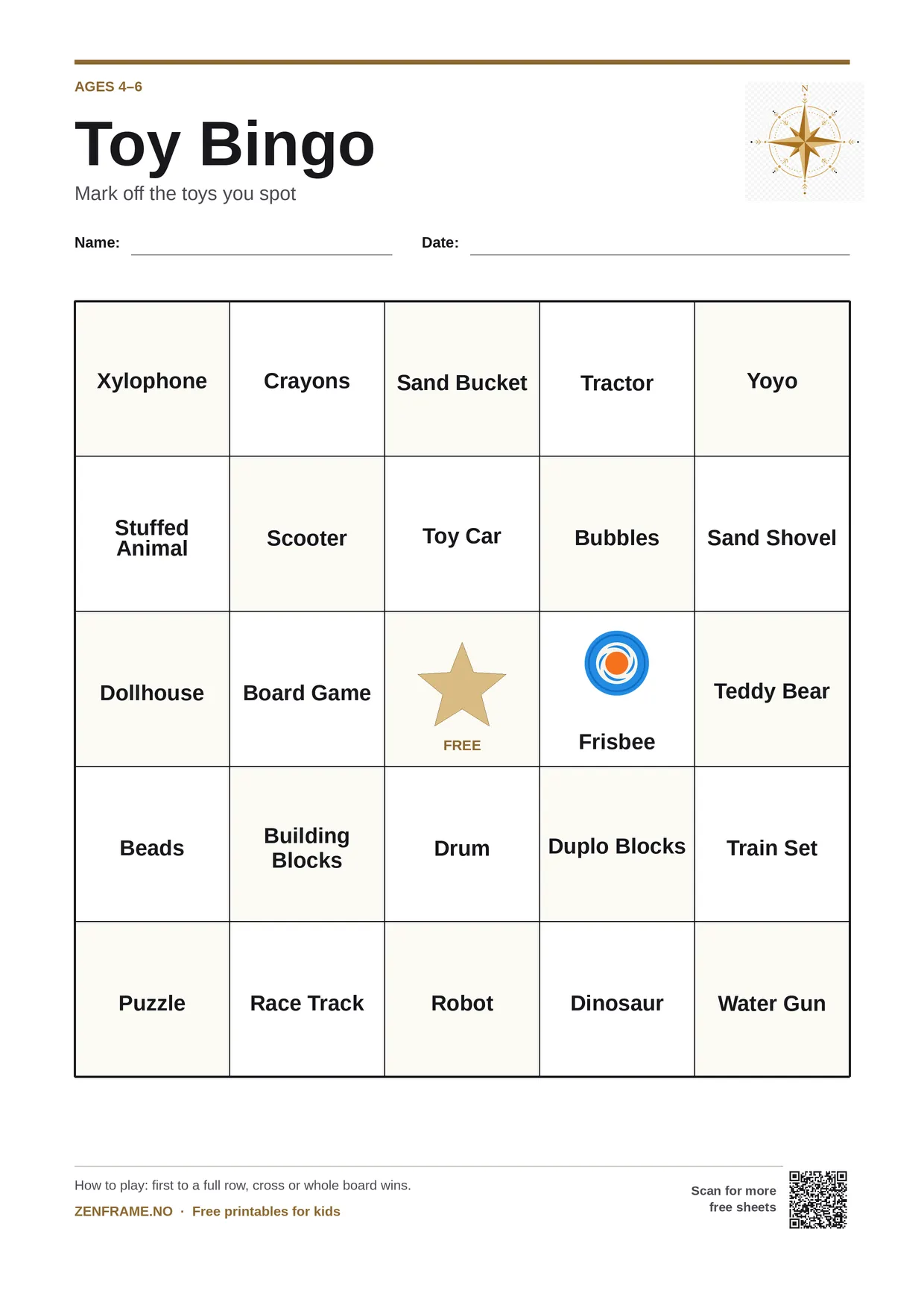 Toy Bingo for kids ages 4–6 – free printable A4 board