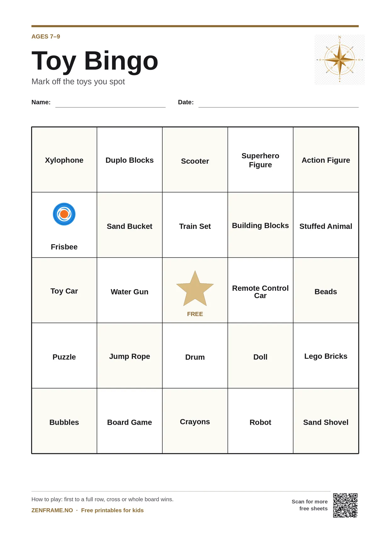 Toy Bingo for kids ages 7–9 – free printable A4 board