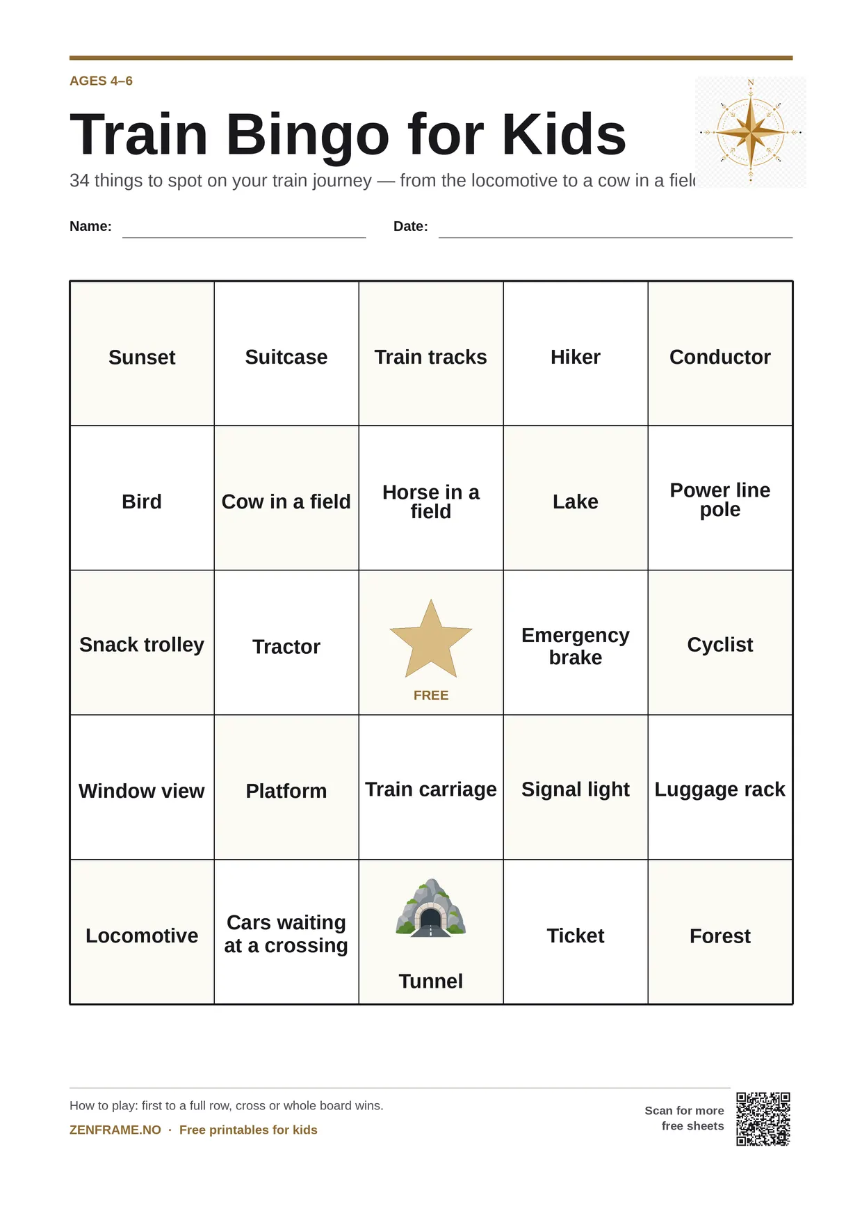 Train Bingo for kids ages 4–6 – free printable A4 board