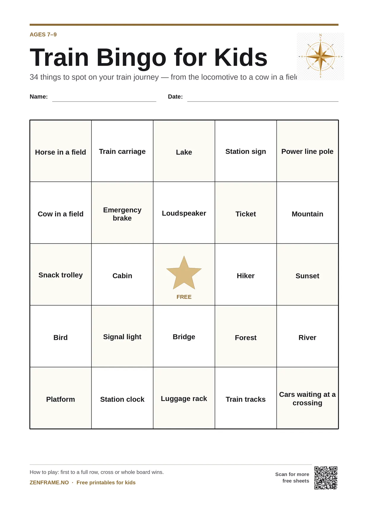 Train Bingo for kids ages 7–9 – free printable A4 board