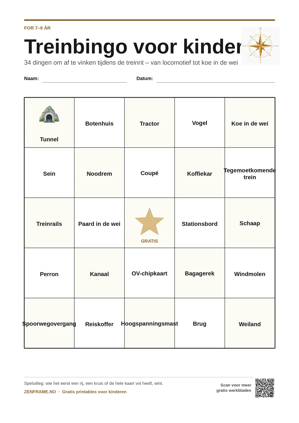 Treinbingo voor kinderen 7–9 jaar – gratis printbare A4-kaart