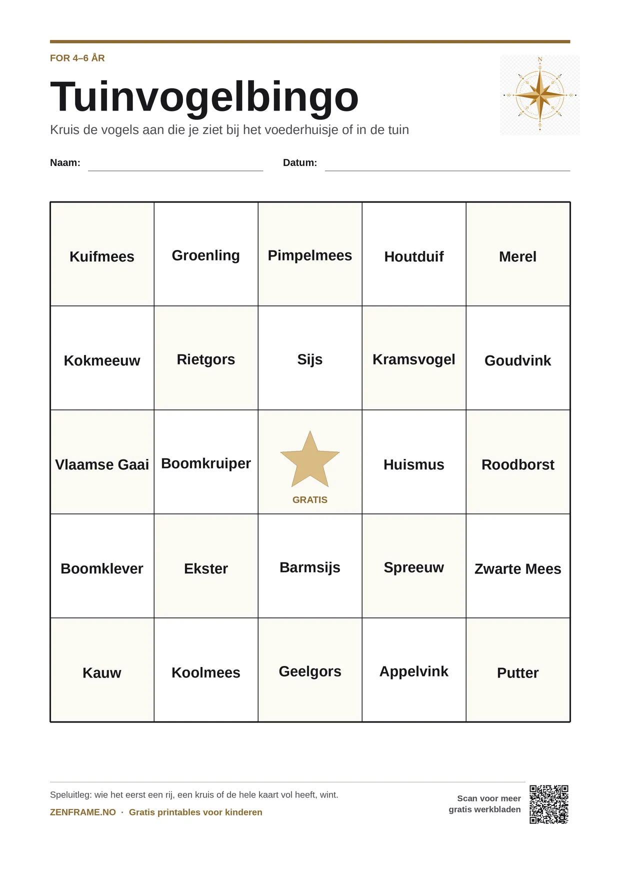 Tuinvogelbingo voor kinderen 4–6 jaar – gratis printbare A4-kaart