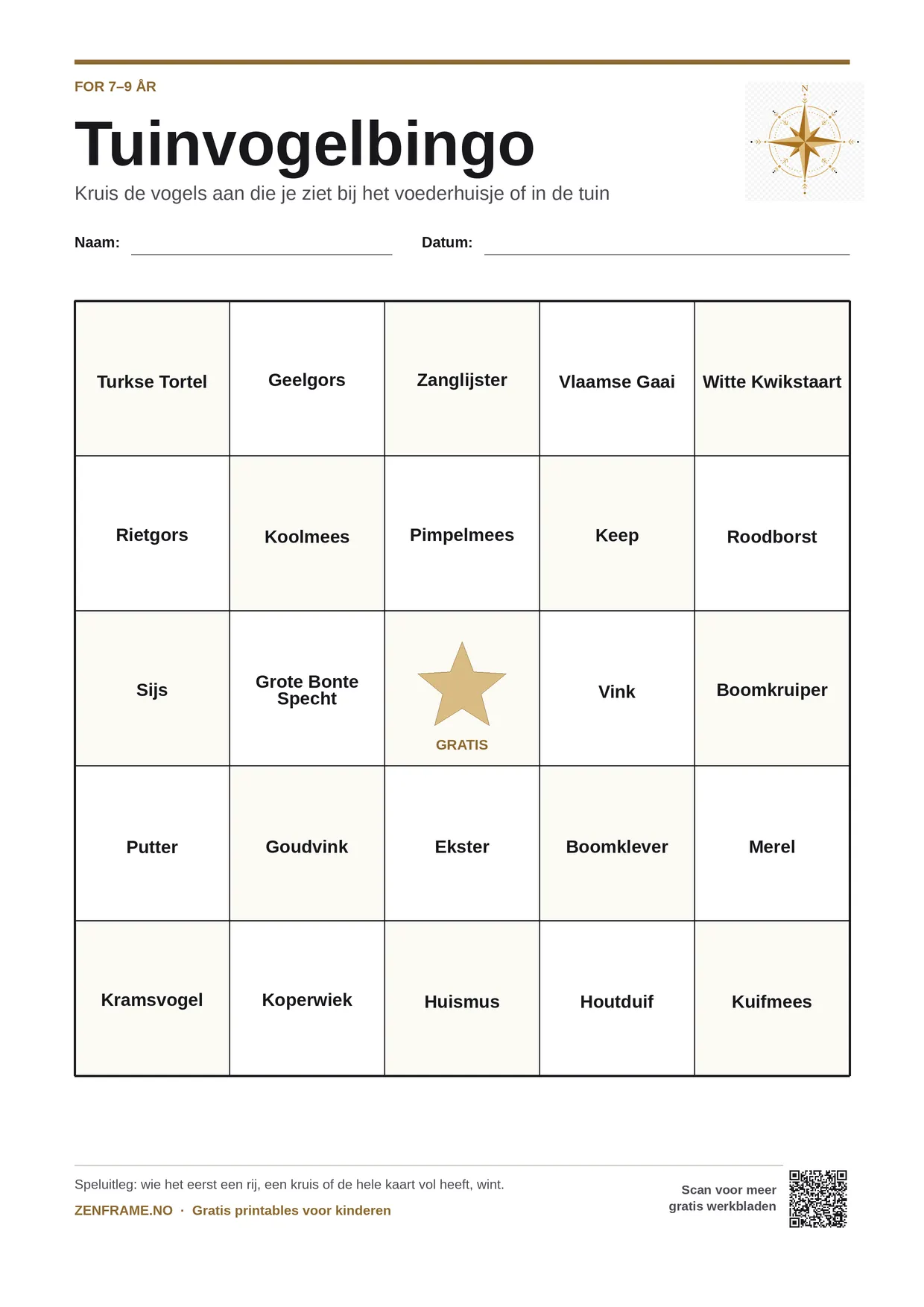 Tuinvogelbingo voor kinderen 7–9 jaar – gratis printbare A4-kaart
