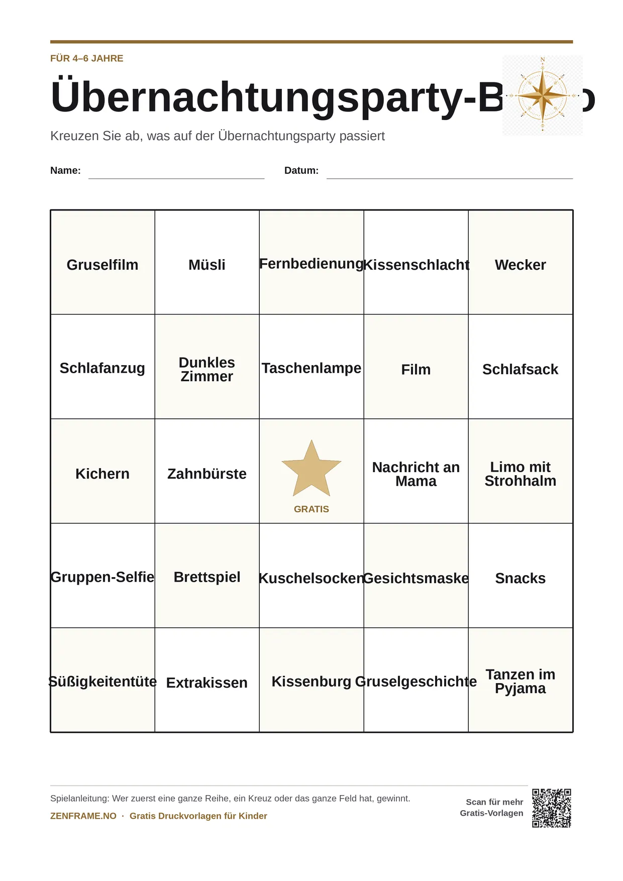 Übernachtungsparty-Bingo für Kinder 4–6 Jahre – kostenlose A4-Vorlage zum Ausdrucken