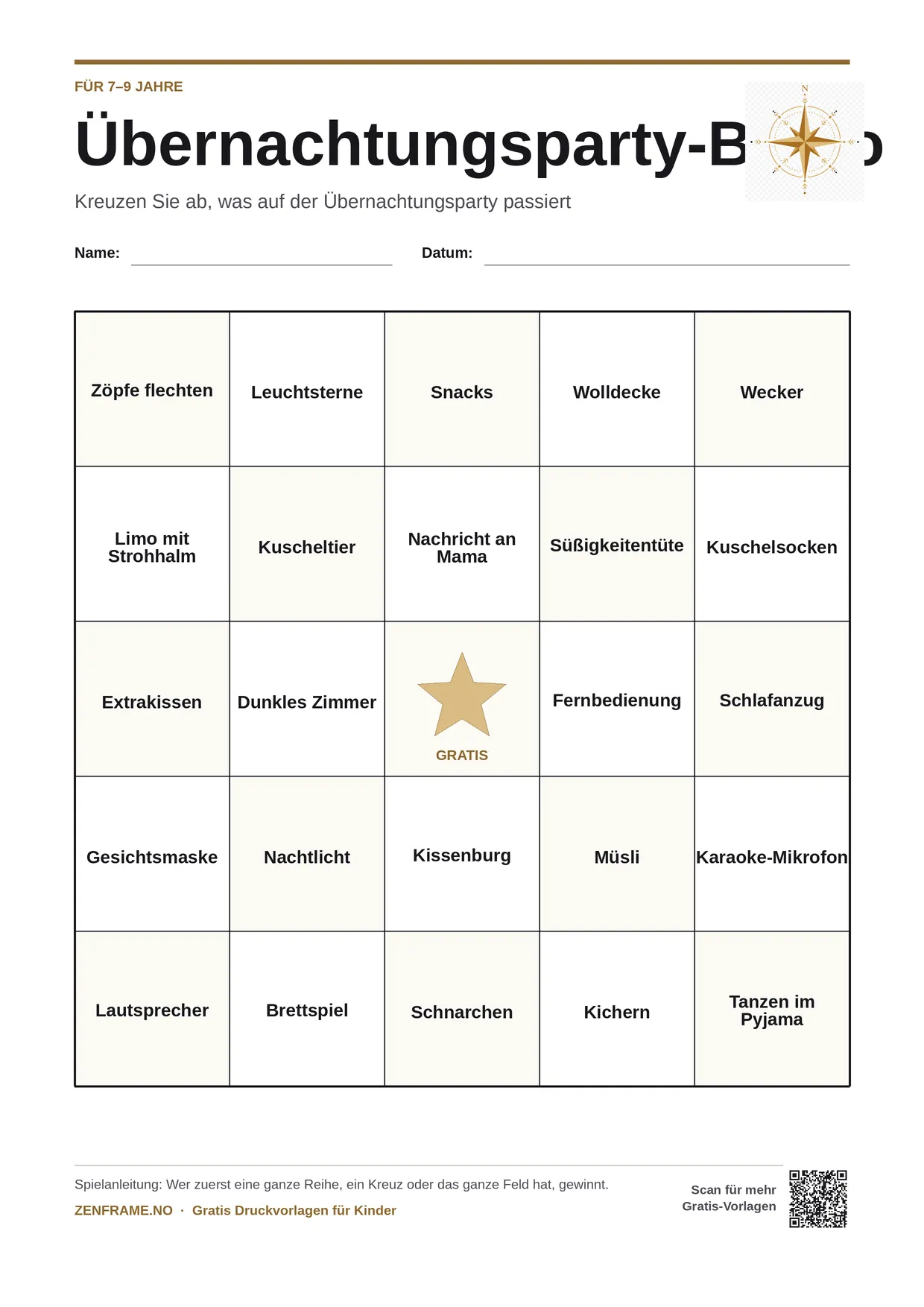 Übernachtungsparty-Bingo für Kinder 7–9 Jahre – kostenlose A4-Vorlage zum Ausdrucken