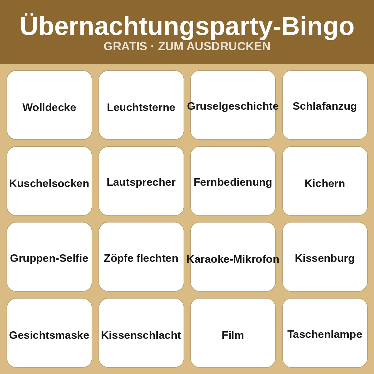 Übernachtungsparty-Bingo – kostenloses Bingo zum Ausdrucken für Kinder