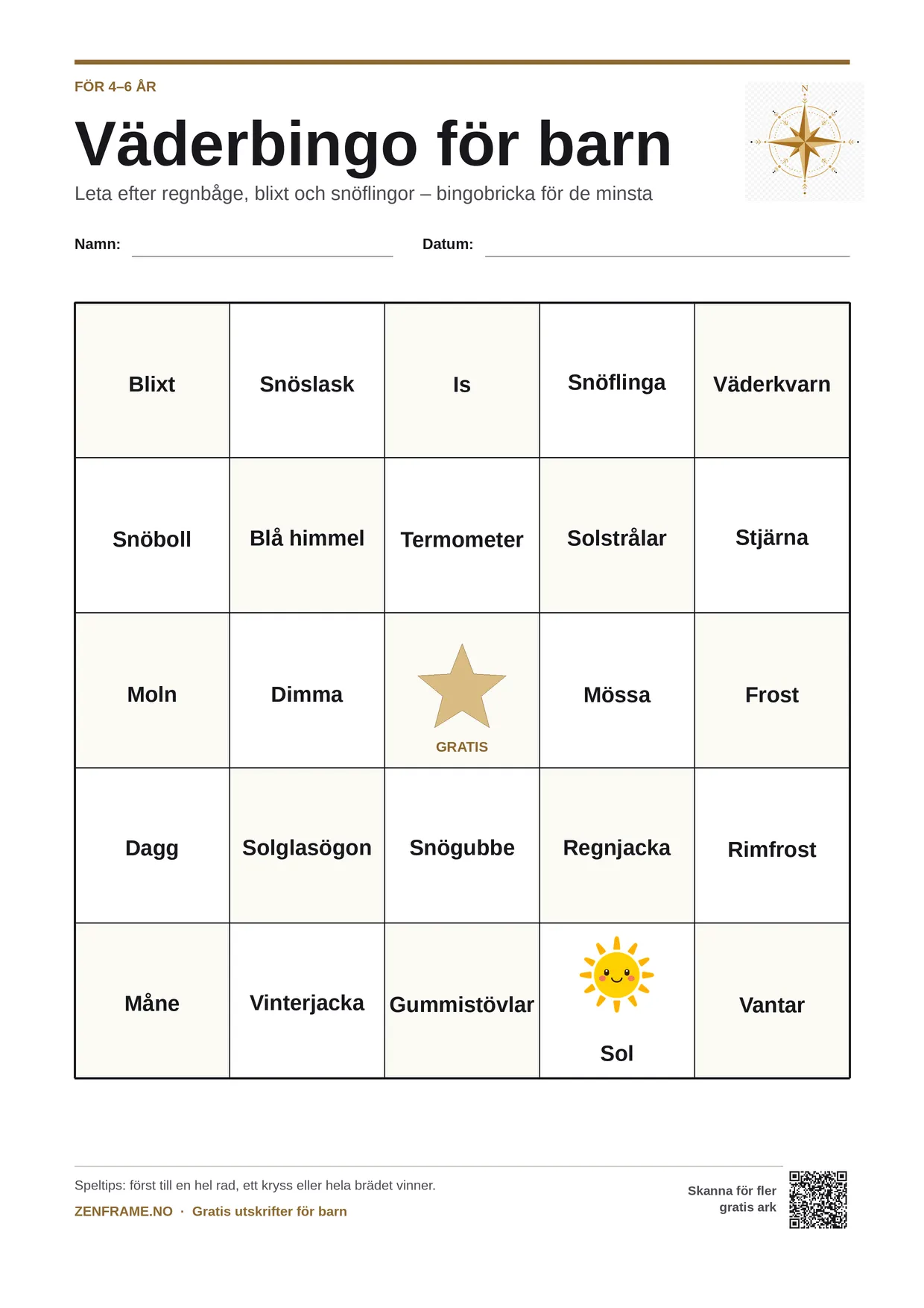 Väderbingo för barn 4–6 år – gratis utskrivbart A4-bräde