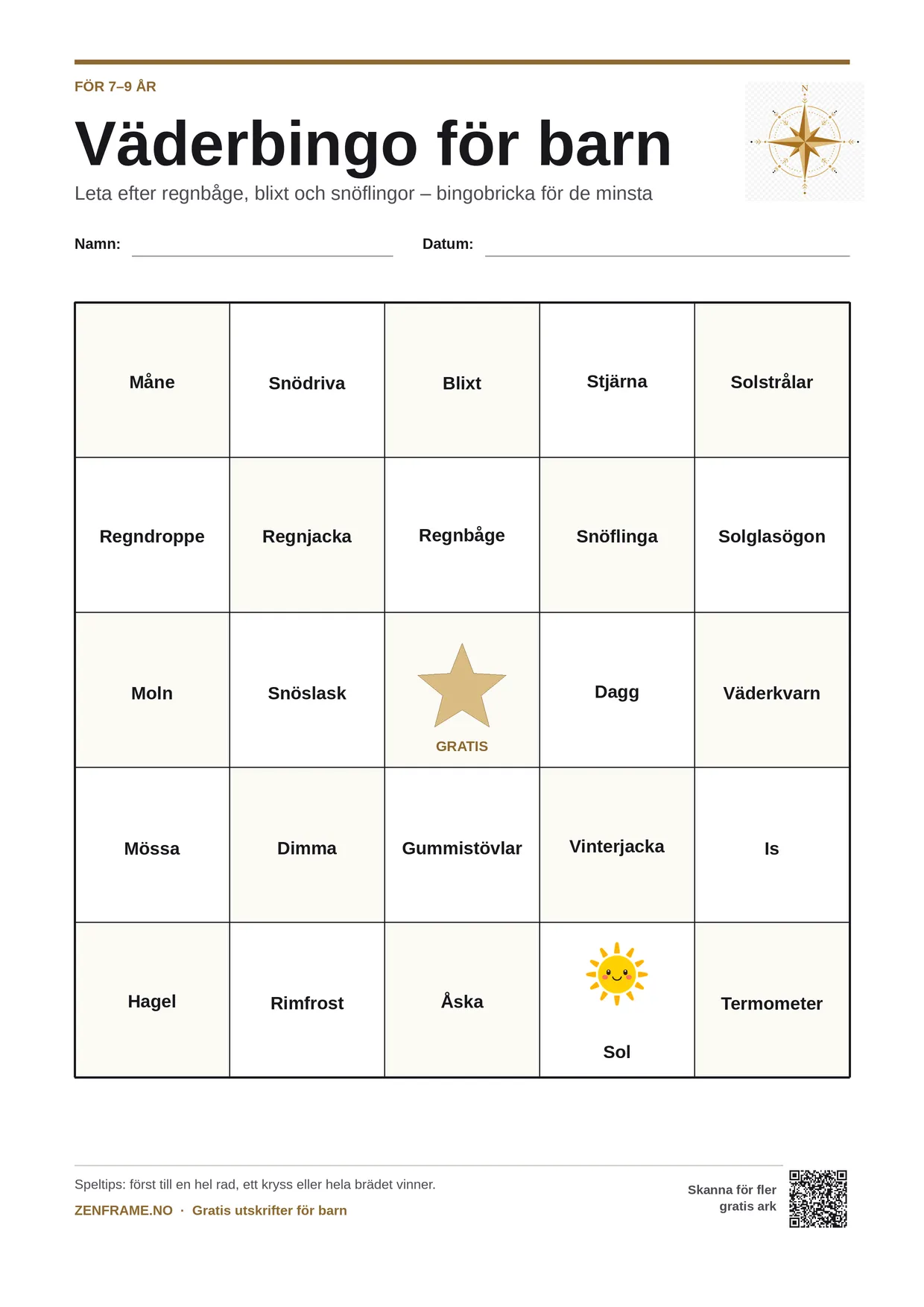 Väderbingo för barn 7–9 år – gratis utskrivbart A4-bräde