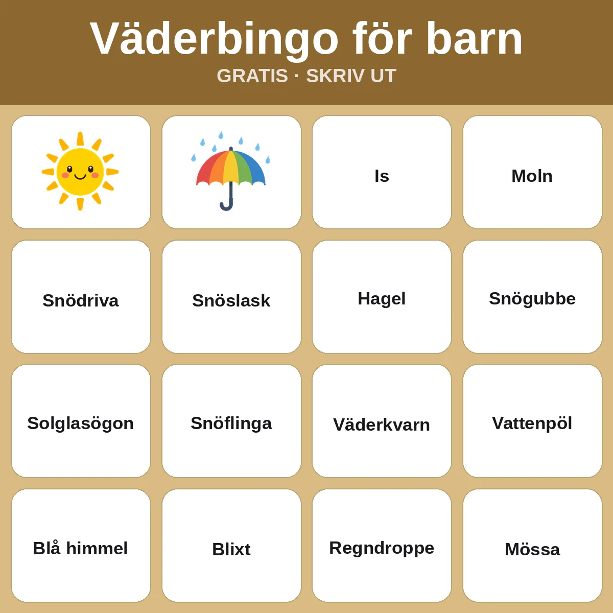 Väderbingo för barn – gratis bingo att skriva ut för barn