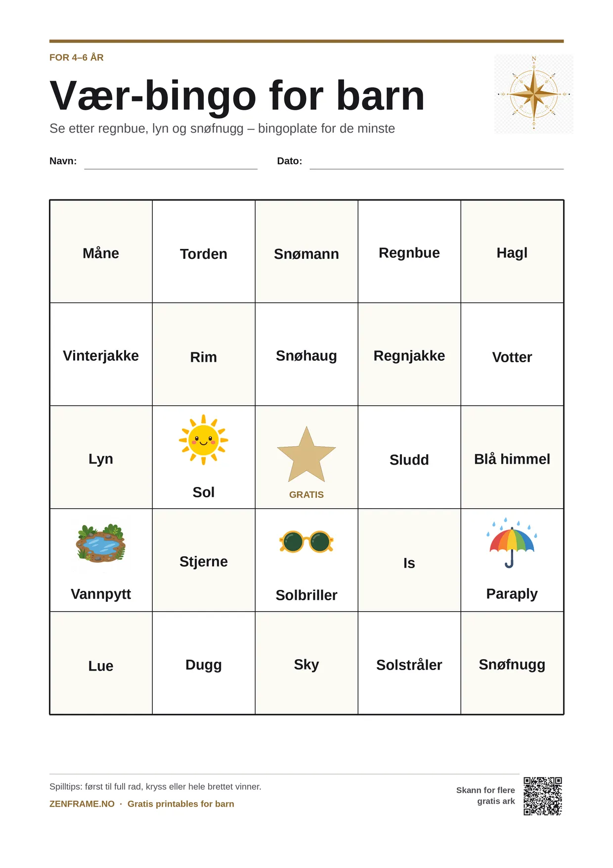 Vær-bingo for barn 4–6 år – gratis utskrivbart A4-brett