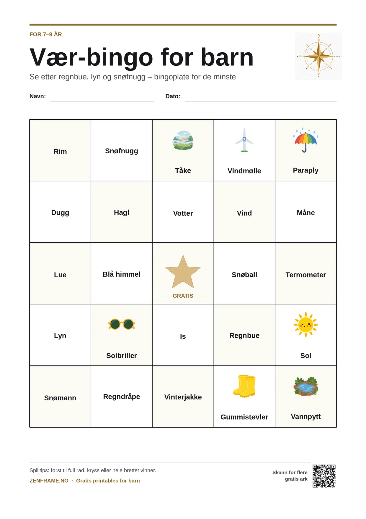 Vær-bingo for barn 7–9 år – gratis utskrivbart A4-brett