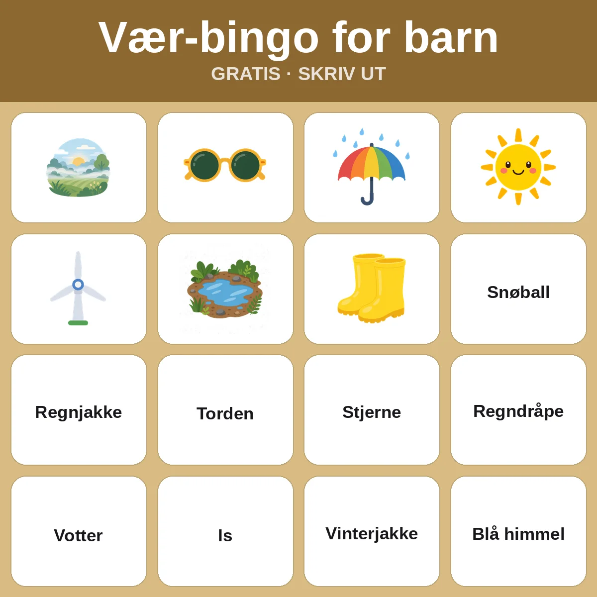 Vær-bingo for barn – gratis bingo til utskrift for barn