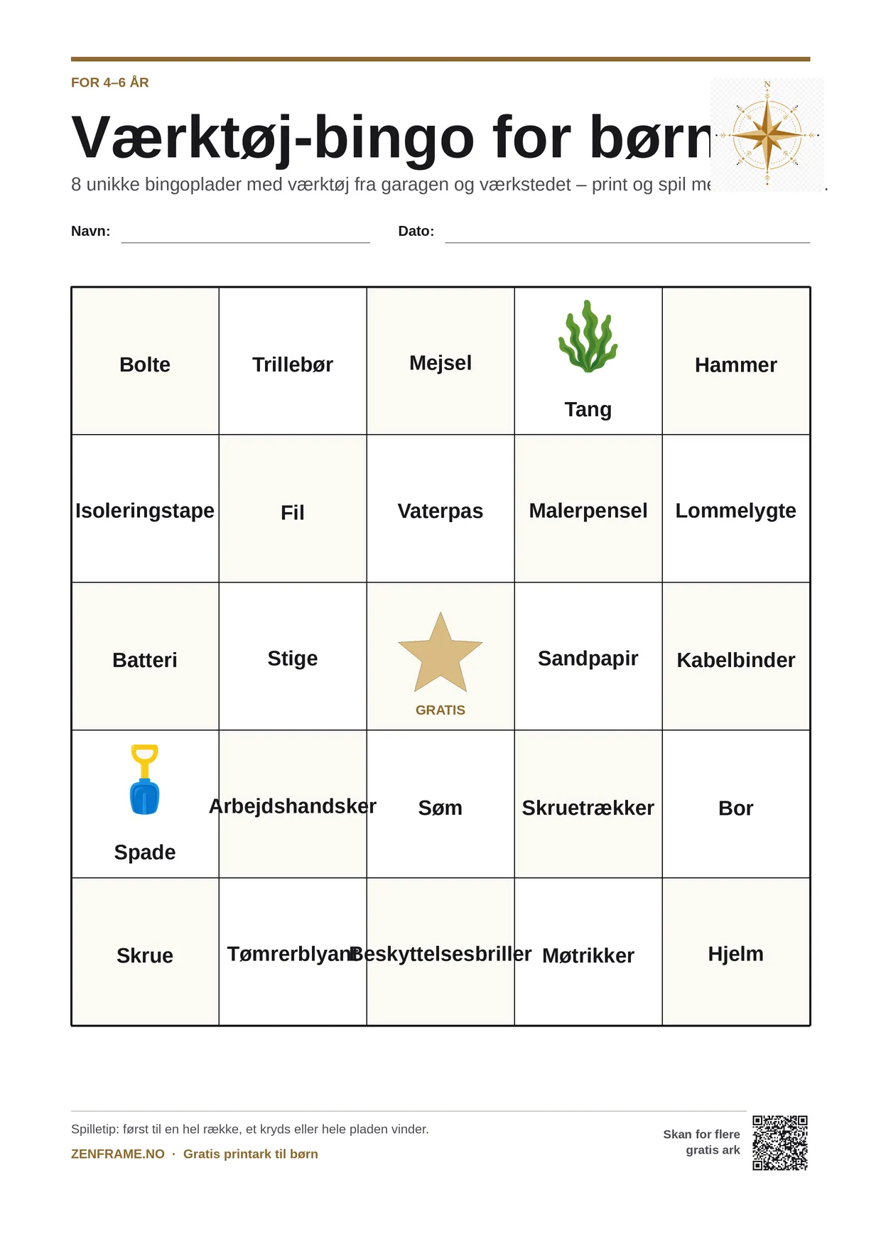 Værktøj-bingo for børn 4–6 år – gratis printbar A4-plade