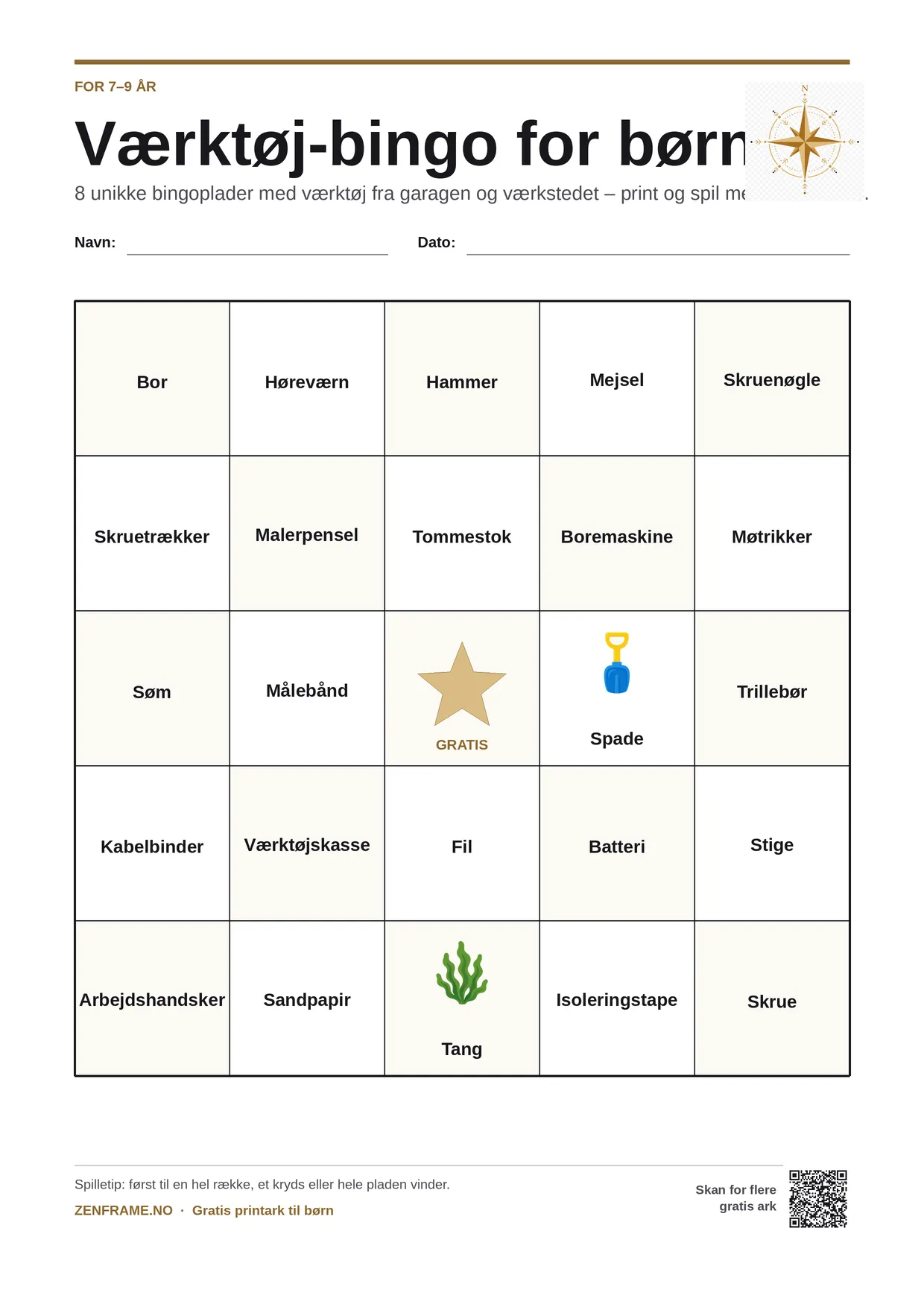 Værktøj-bingo for børn 7–9 år – gratis printbar A4-plade