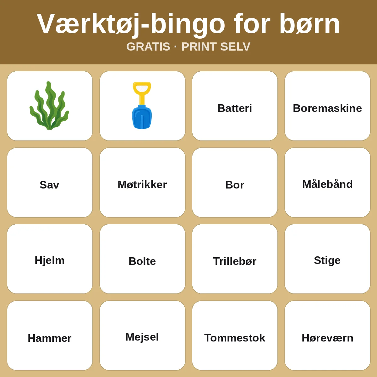 Værktøj-bingo for børn – gratis bingo til print for børn